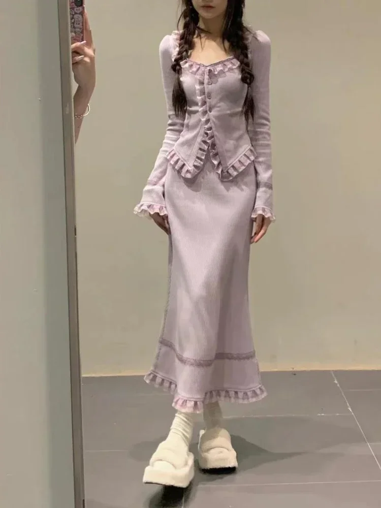Deeptown Korean Style Purple Two Pieces Dress Women Y2k Fairycore Ruffles Long Sleeve Bodycone Midi Trumpet Dresses Sets Autumn
Deeptown Korean Style Purple Two Pieces Dress Women Y2k Fairycore Ruffles Long Sleeve Bodycone Midi Trumpet Dresses Sets Autumn
