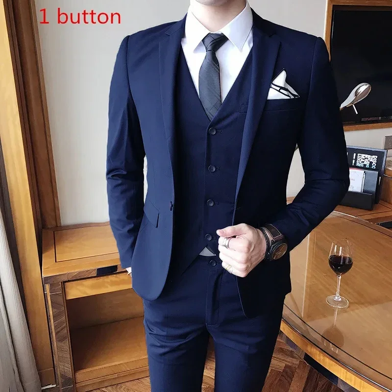 

Men's Suit 3 Piece Set Slid Color Jacket Pants Vest Business Wedding Banquet Simple Slim Fit Blazers Coat Trousers Waisocat