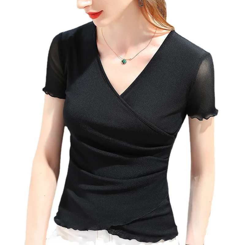 Cross V-neck Short-sleeved T-shirt Women's 2021 Summer New Women's Solid Color Mesh Bottoming Shirt Wood Ear Stretch Top
Cross V-neck Short-sleeved T-shirt Women's 2021 Summer New Women's Solid Color Mesh Bottoming Shirt Wood Ear Stretch Top