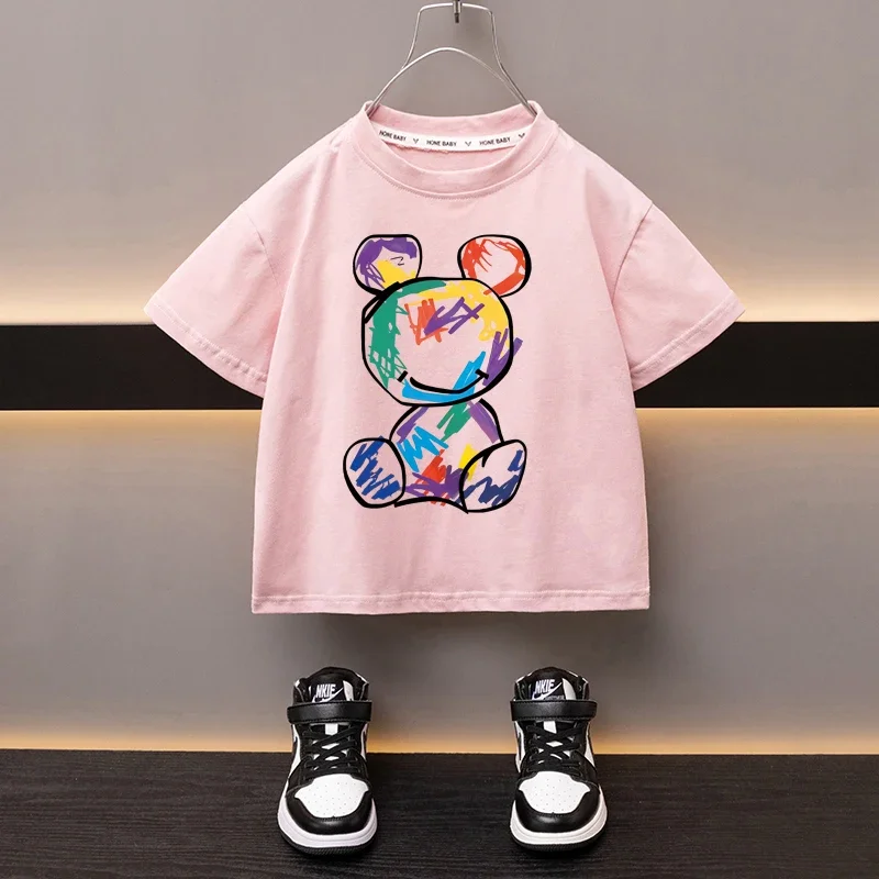 

Хлопковая футболка для мальчиков и девочек, с мультяшным принтом медведя и граффити, летние детские топы с коротким рукавом, повседневная детская одежда