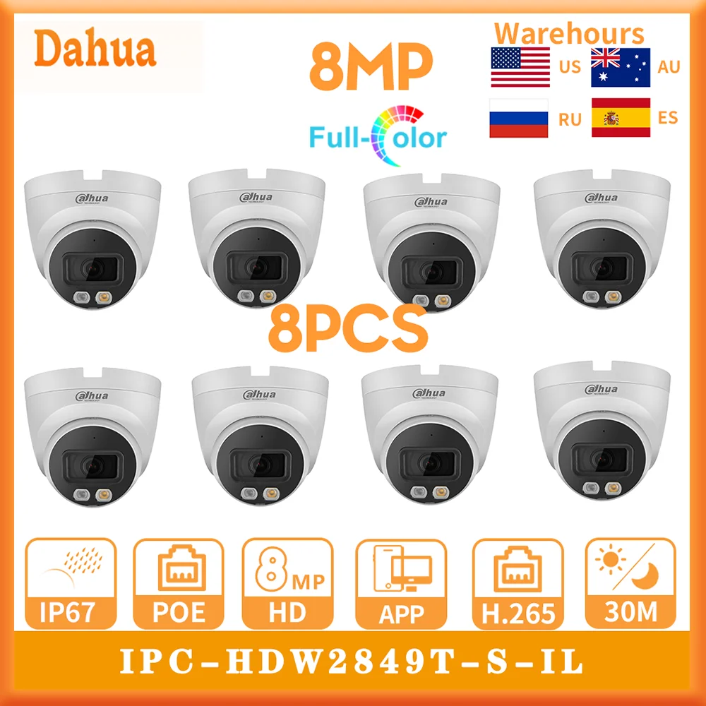

8PCS Dahua IPC-HDW2849T-S-IL 8MP Full-color IP Surveillance Camera Built-in Mic SD Card Slot Network Dome IR 30m Dual Light POE