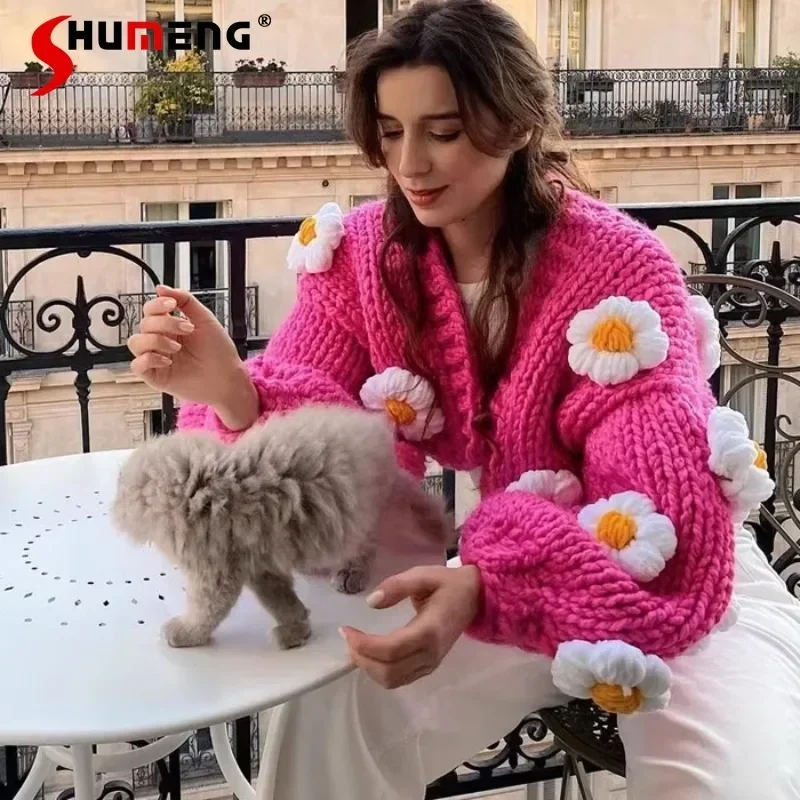 Autumn New Retro Handmade Sweater Cardigan Women Extra Thick Coarse Yarn Three-Dimensional Flower Short Loose Top Coats Knitwear
Autumn New Retro Handmade Sweater Cardigan Women Extra Thick Coarse Yarn Three-Dimensional Flower Short Loose Top Coats Knitwear