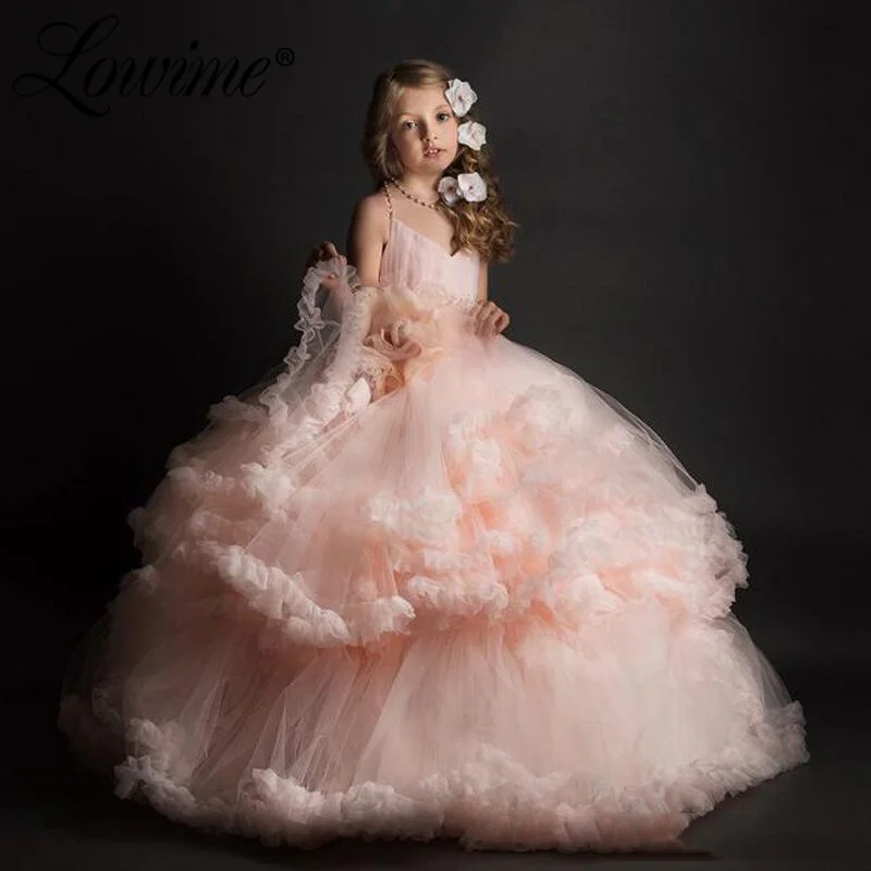 

Princess Pink Flower Girl Dresses Custom Made Ball Gown Puffy Pageant Dresses For Girls Glitz Tiered Cloud Kids Prom Dresses