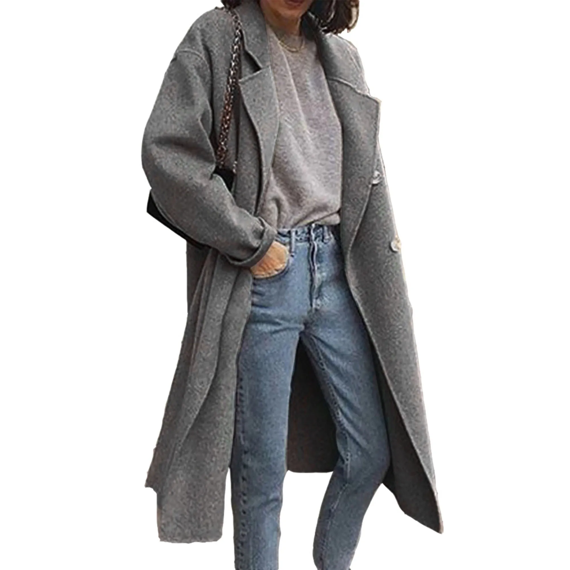 

Женский двубортный Тренч с воротником с отложным воротником, свободное зимнее пальто, двубортное полушерстяное полупальто, зимняя куртка, пальто, верхняя одежда