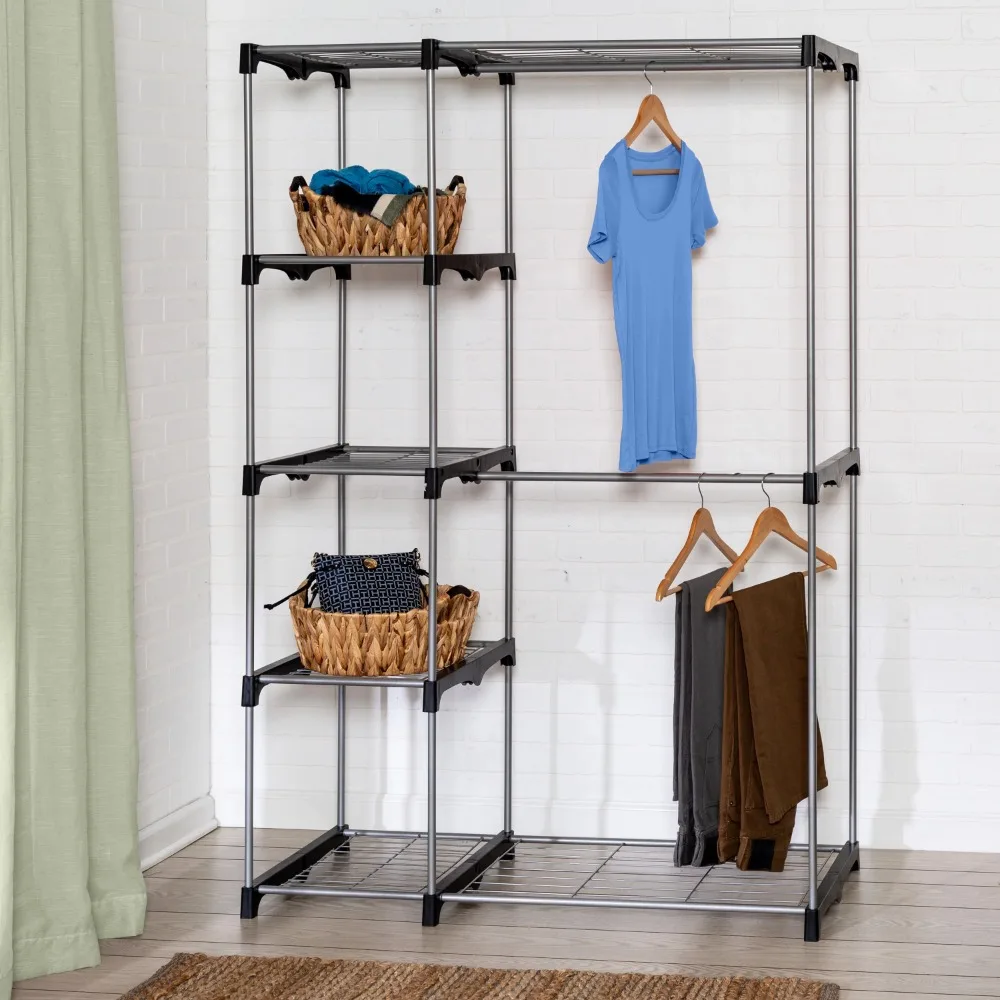 

Steel and Plastic Double Rod Freestanding Closet with 4 Shelves, Silver/Black, bedroom furniture,19.69 x 45.87 x 67.72 Inches