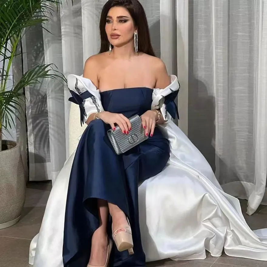 Navy Blue Sheath Prom Dresses Strapless Sexy Saudi Arabia Women Wear Evening Gowns Detachable Off Shoulder Long Train Vestidos
Navy Blue Sheath Prom Dresses Strapless Sexy Saudi Arabia Women Wear Evening Gowns Detachable Off Shoulder Long Train Vestidos