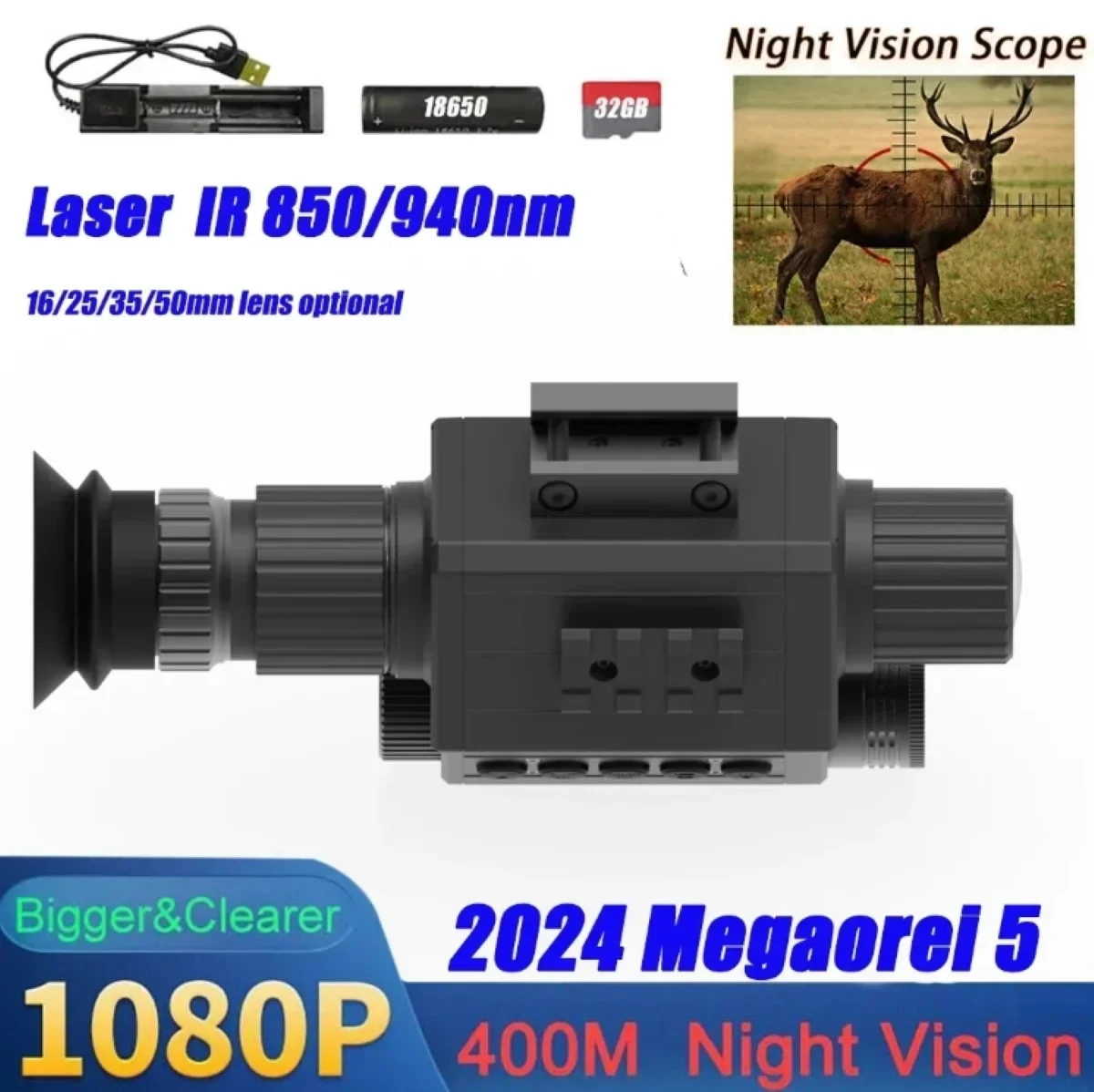 

Megaorei M5 Infrared Night Vision Scope 1080P Digital Night Vision Monocular 1-4X Zoom Built-in Optical Sight Scope