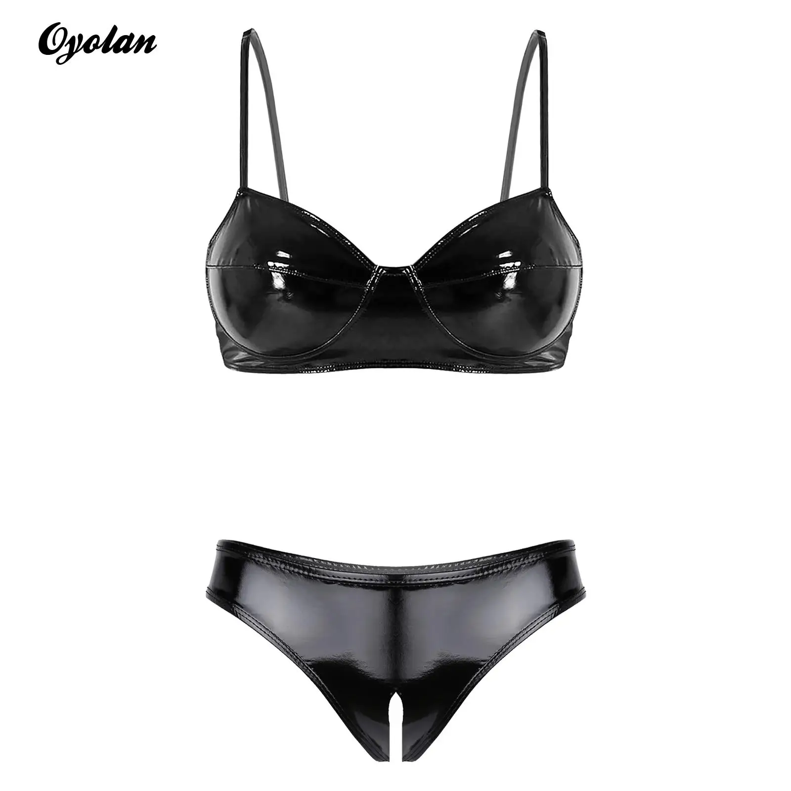 

Womens Open Crotch High Cut Lingerie Underwear Set Glossy Patent Leather Spaghetti Straps Bra Tops with Crotchless Briefs