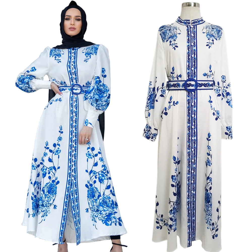 

Elegant Ethnic Print Maxi Dress For Women Spring Autumn 2022 New Vintage Muslim Jalabiya Dubai Moroccan Caftan Feminine Clothes