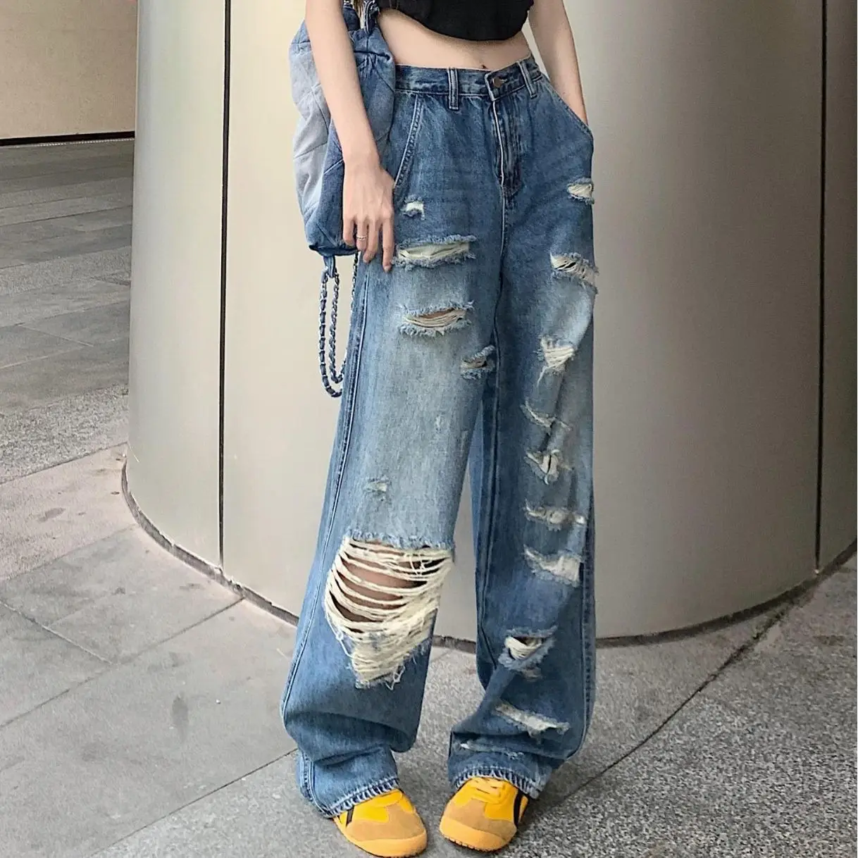 

CGC 2023 Women Ripped Jeans y2k Streetwear Denim Pants Casual Straight Trousers Korean Fashion High Waist Female Baggy Jeans