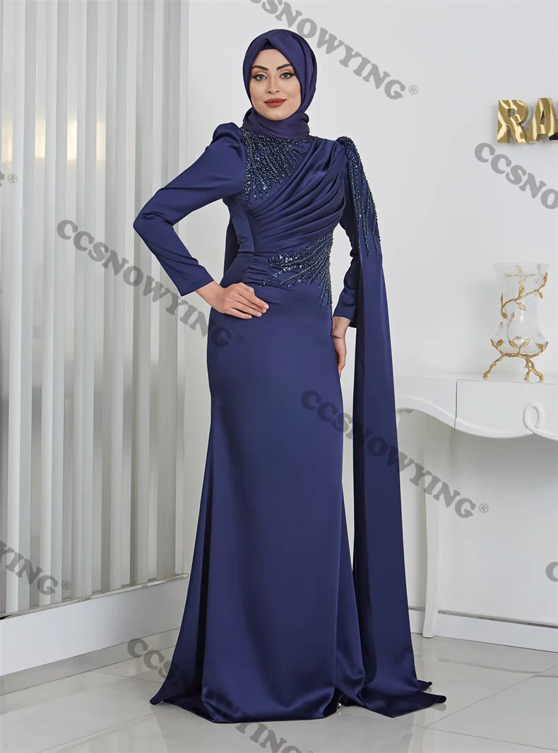 

Hijab Evening Dresses Satin Long Sleeve Arabic Dubai Prom Formal Party Gowns High Neck Moroccan Caftan Appliques Robes De Soirée