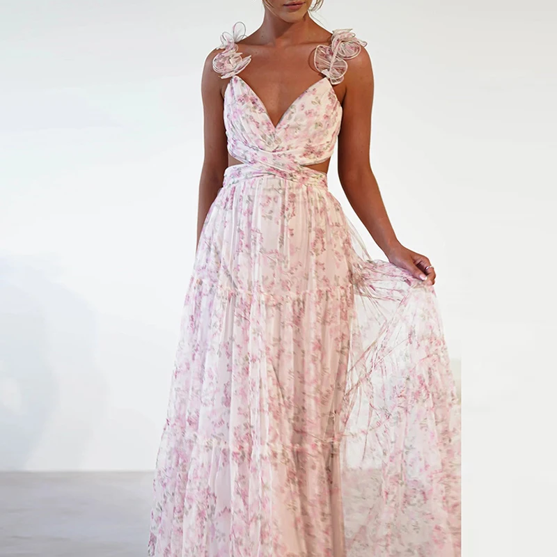 

Женское длинное шифоновое платье, привлекательное плиссированное платье с цветочным принтом и V-образным вырезом, летнее платье макси с открытой спиной и шнуровкой