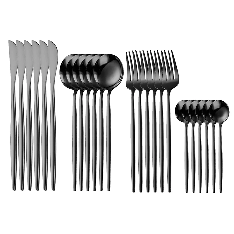 

Luxury Cutlery Set 24 Items Stainless Steel Full Tableware Sets Black Cover Dinnerware Dining Room Flatware Set with Tea Spoons