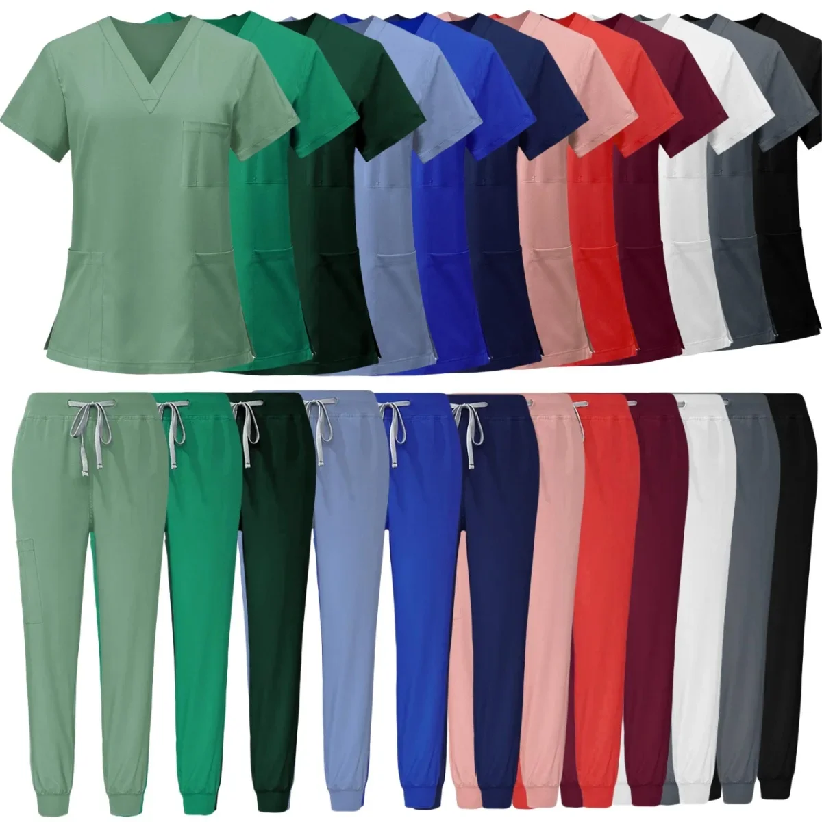 

Hot Sale Anti Wrinkle Washable Soft Fabric Nurse Hospital Uniform Medical Women Jogger Scrubs Sets Pair