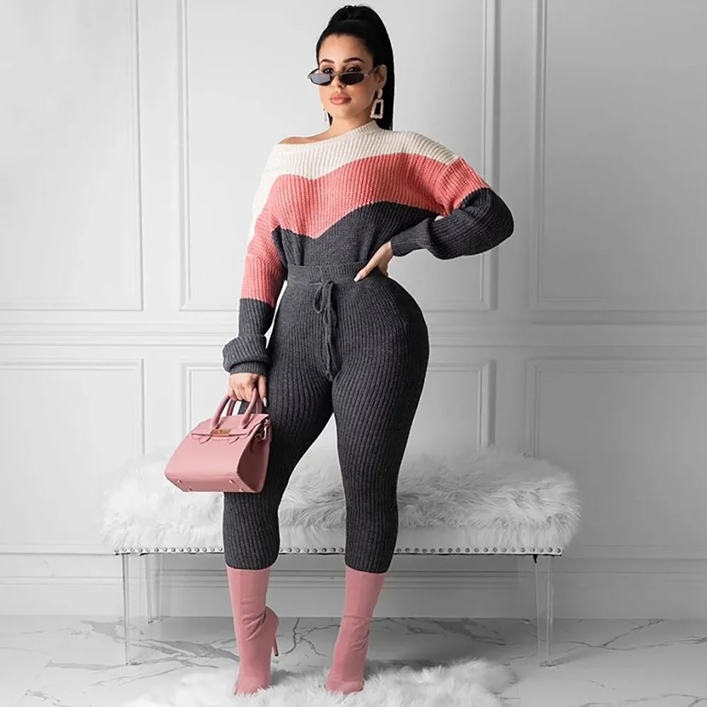 

Sporty Knited 2 Piece Sets Women Outfit Color-blocking Long Sleeves Sweater Tracksuit Fall Winter High Waist Small Leg Pant Sets