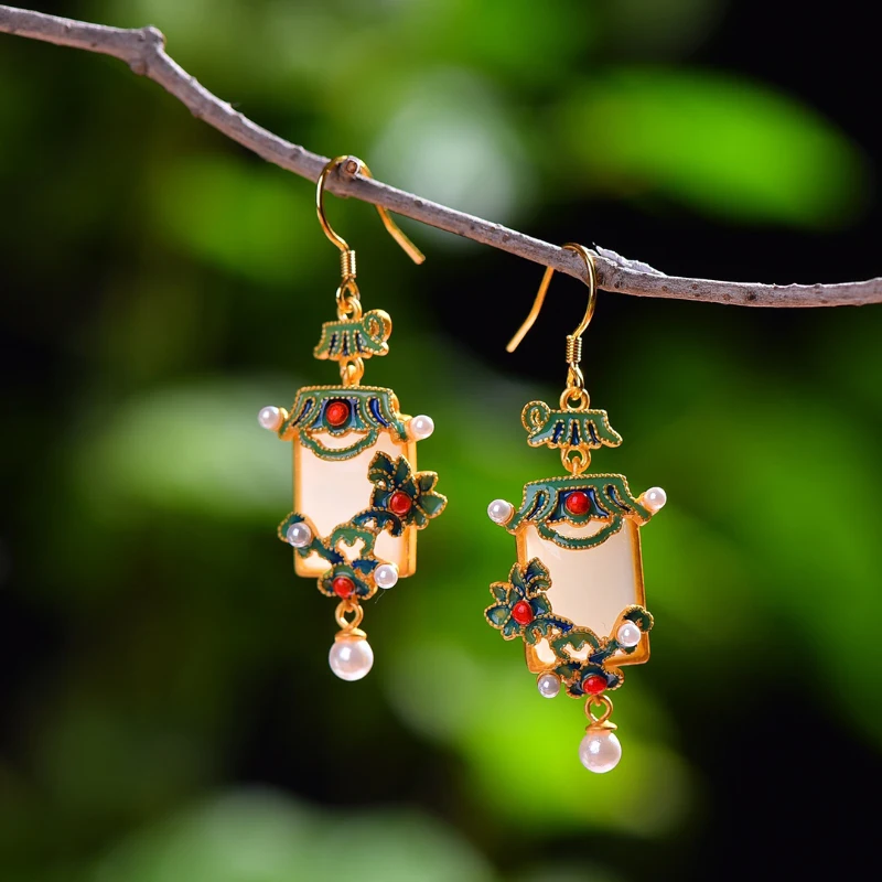 

Natural Hetian jade enamel porcelain pearl earrings for women Chinese style classical cheongsam accessories silver jewelry