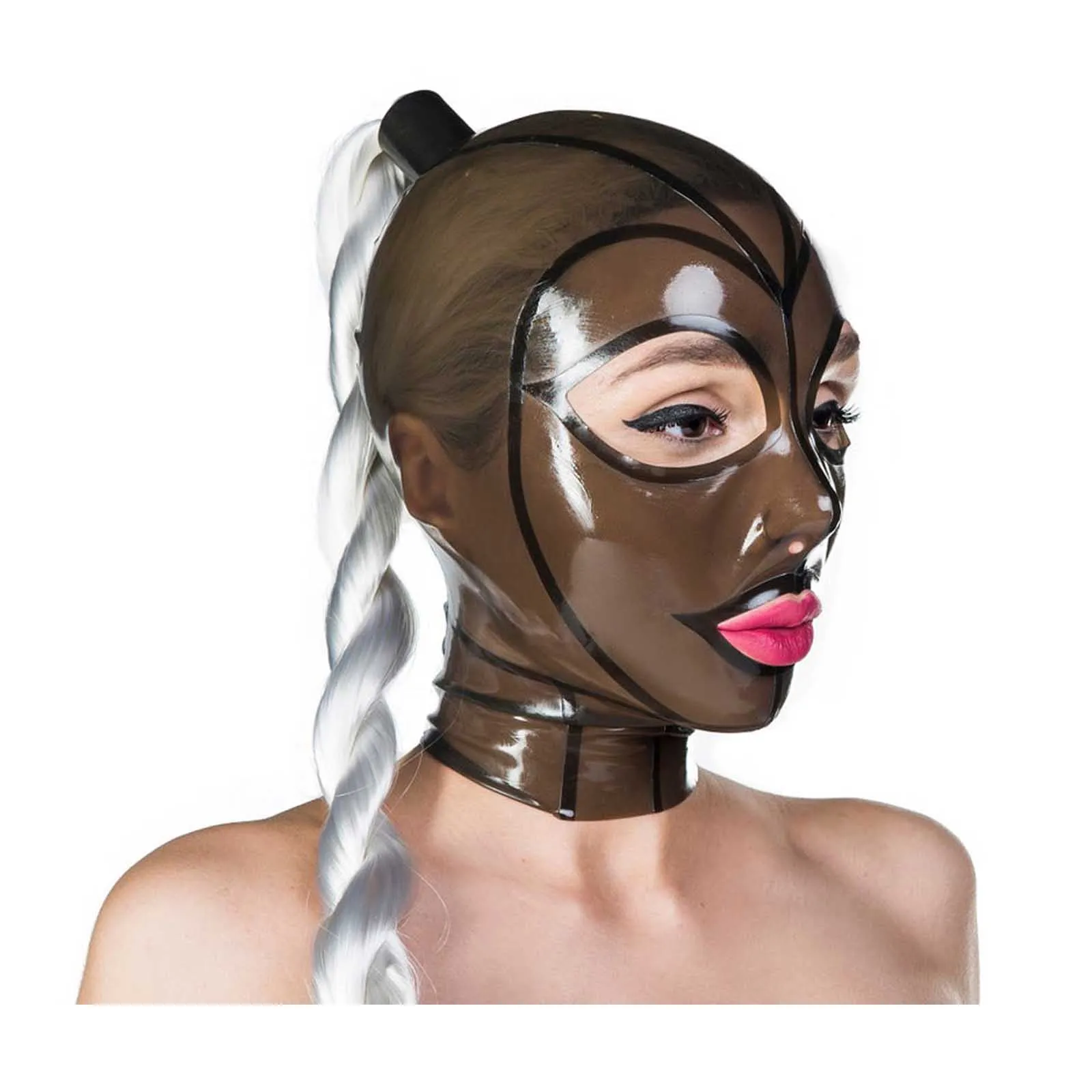 

MONNIK Latex Mask Sexy Hood Brown Translucent with Ponytail Tubed Back Zipper Handmade for Catsuit Cosplay Party Costume