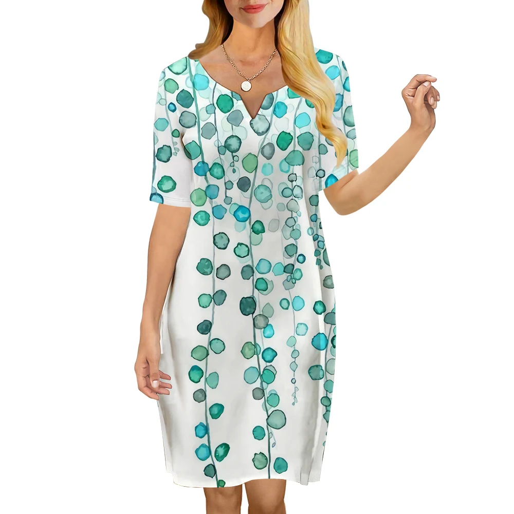 

CLOOCL Women Dress Green Vine 3D Printed V-Neck Loose Casual Short Sleeve Shift Dress for Female Dresses White Dress