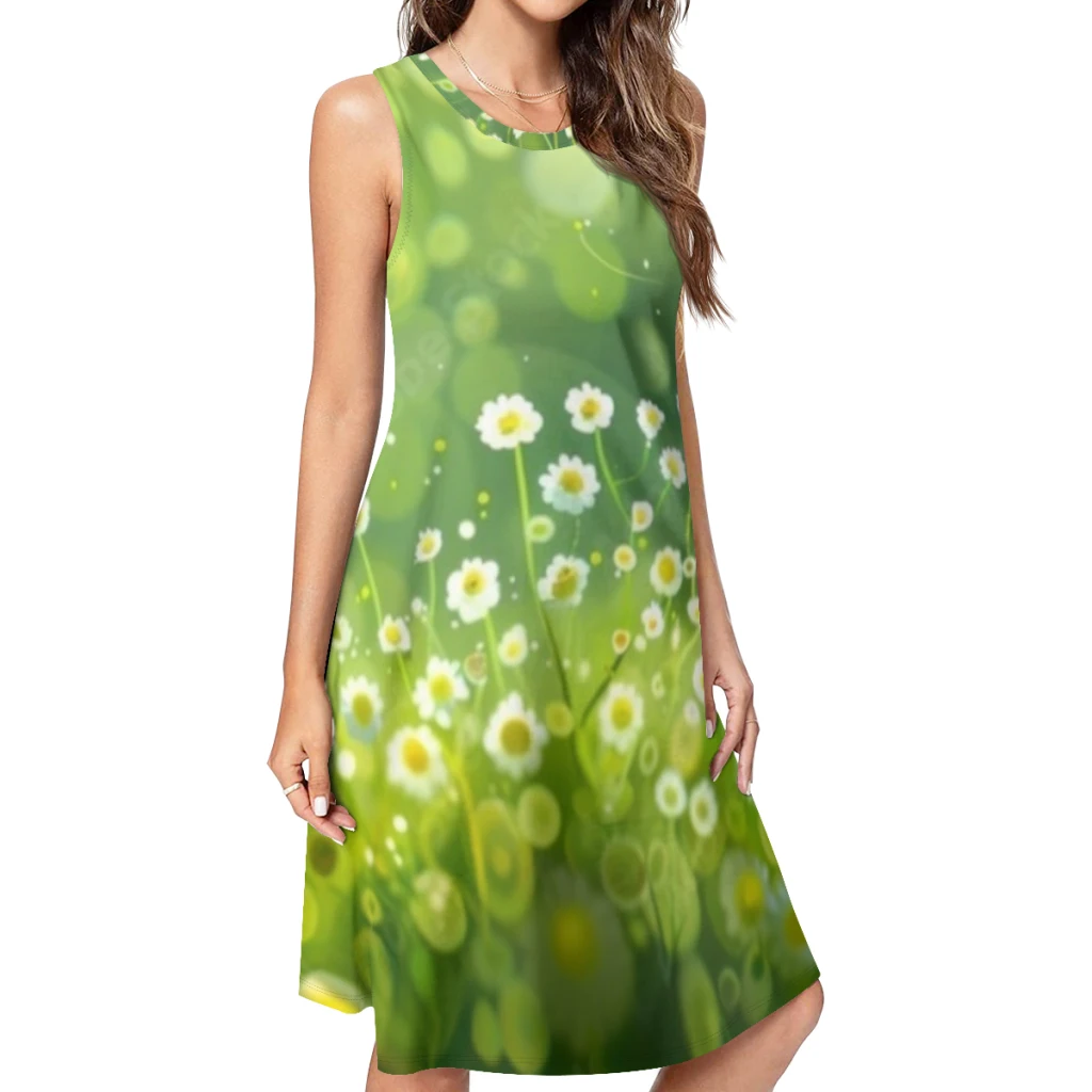 

Women Print 2024 Summer Cool Green Printing Scoop Neck Tank Dress Casual Sleeveless Boho Beach Sundress Loose Dress Clothing