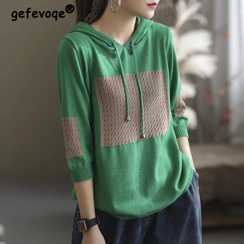 Women Clothing Autumn Fashion Patchwork Knitted Hooded Sweater Vintage Casual Loose 3/4 Sleeve Pullover Tops Drawstring Hoodies
Women Clothing Autumn Fashion Patchwork Knitted Hooded Sweater Vintage Casual Loose 3/4 Sleeve Pullover Tops Drawstring Hoodies