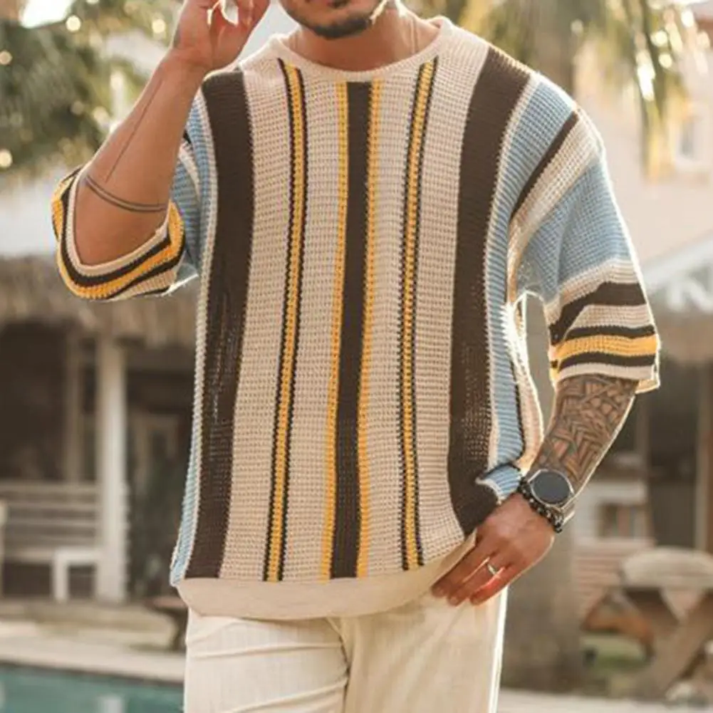 Men Sweater Striped Print Round Neck Knitted Men's Sweater Loose Pullover for Summer Fall Elastic Anti-shrink Half Sleeve
Men Sweater Striped Print Round Neck Knitted Men's Sweater Loose Pullover for Summer Fall Elastic Anti-shrink Half Sleeve