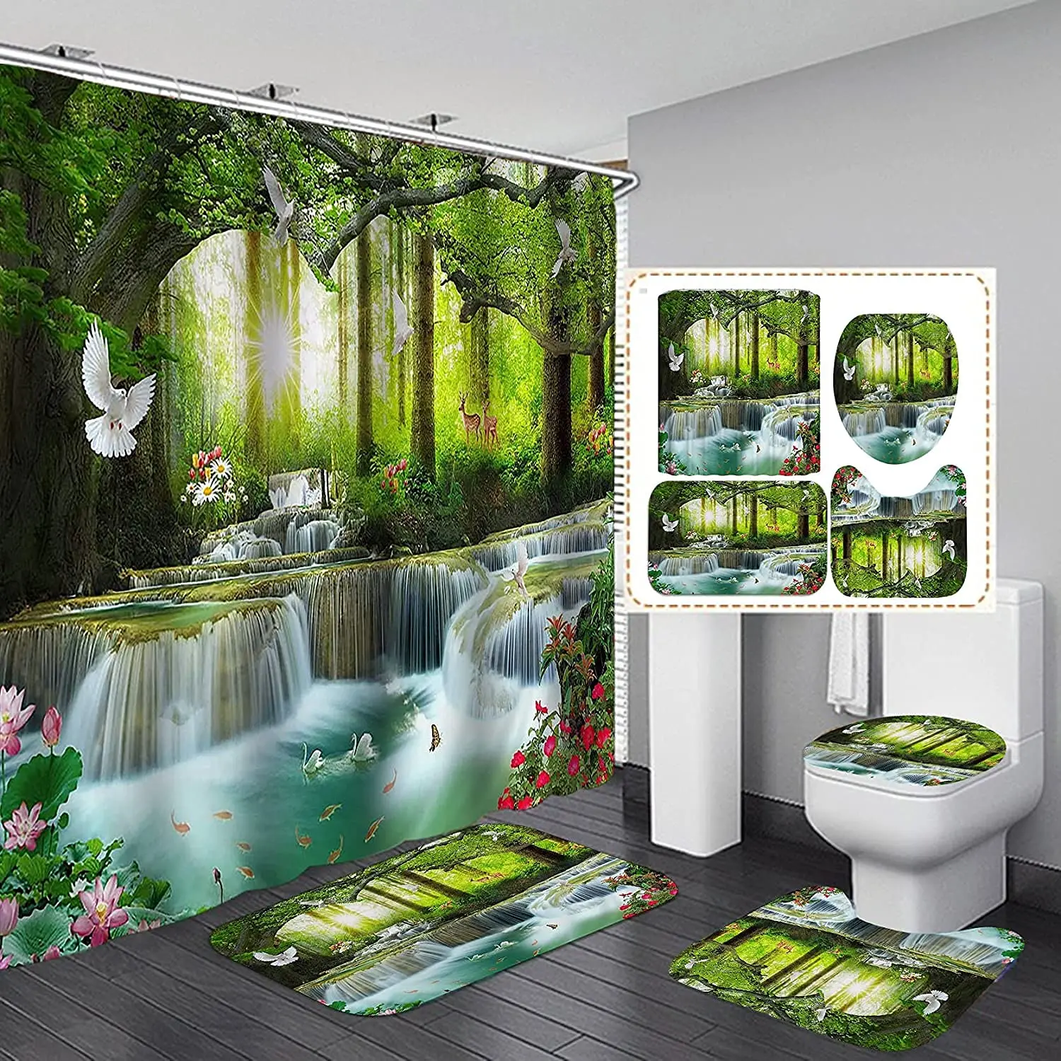 

Набор водонепроницаемых штор для душа, занавеска с рисунком природного пейзажа леса, водопада, с ковриками для ванной комнаты, чехлом для унитаза, крючками