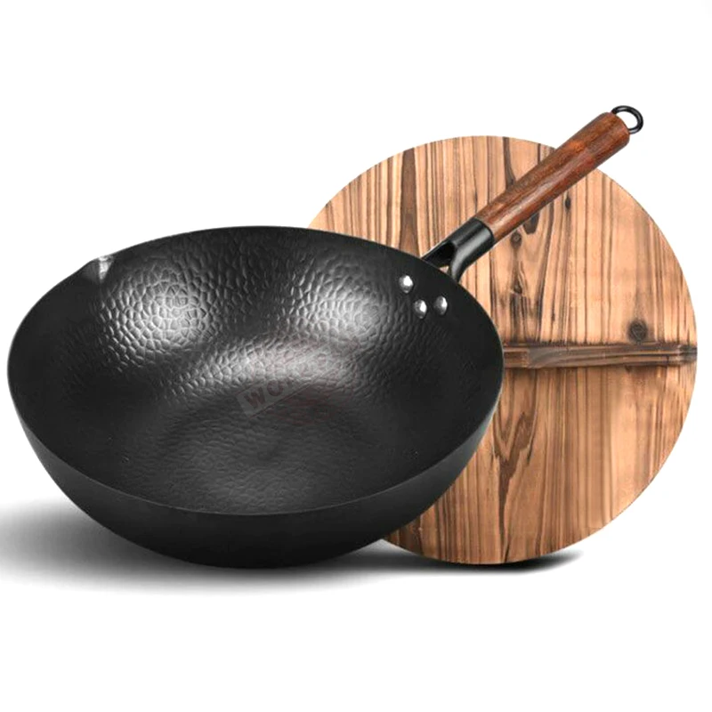 

Iron Wok Pan with Lid 12.6inch Flat Bottom Wok No Chemical Coated Chinese Woks & Stir Fry Pans for Induction Electric Gas Stoves