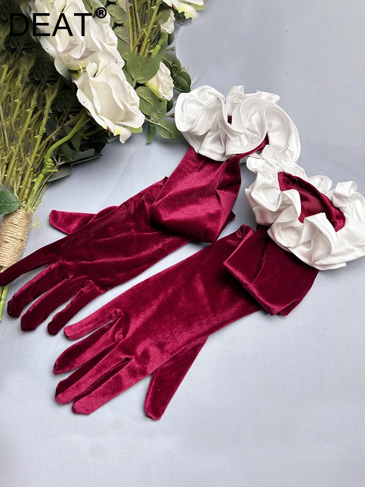DEAT Elegant Gloves Wine Red Patchwork Lace Satin Pleated Edge Design Women's Party Accessory 2024 Spring New Fashion 35Z106
DEAT Elegant Gloves Wine Red Patchwork Lace Satin Pleated Edge Design Women's Party Accessory 2024 Spring New Fashion 35Z106