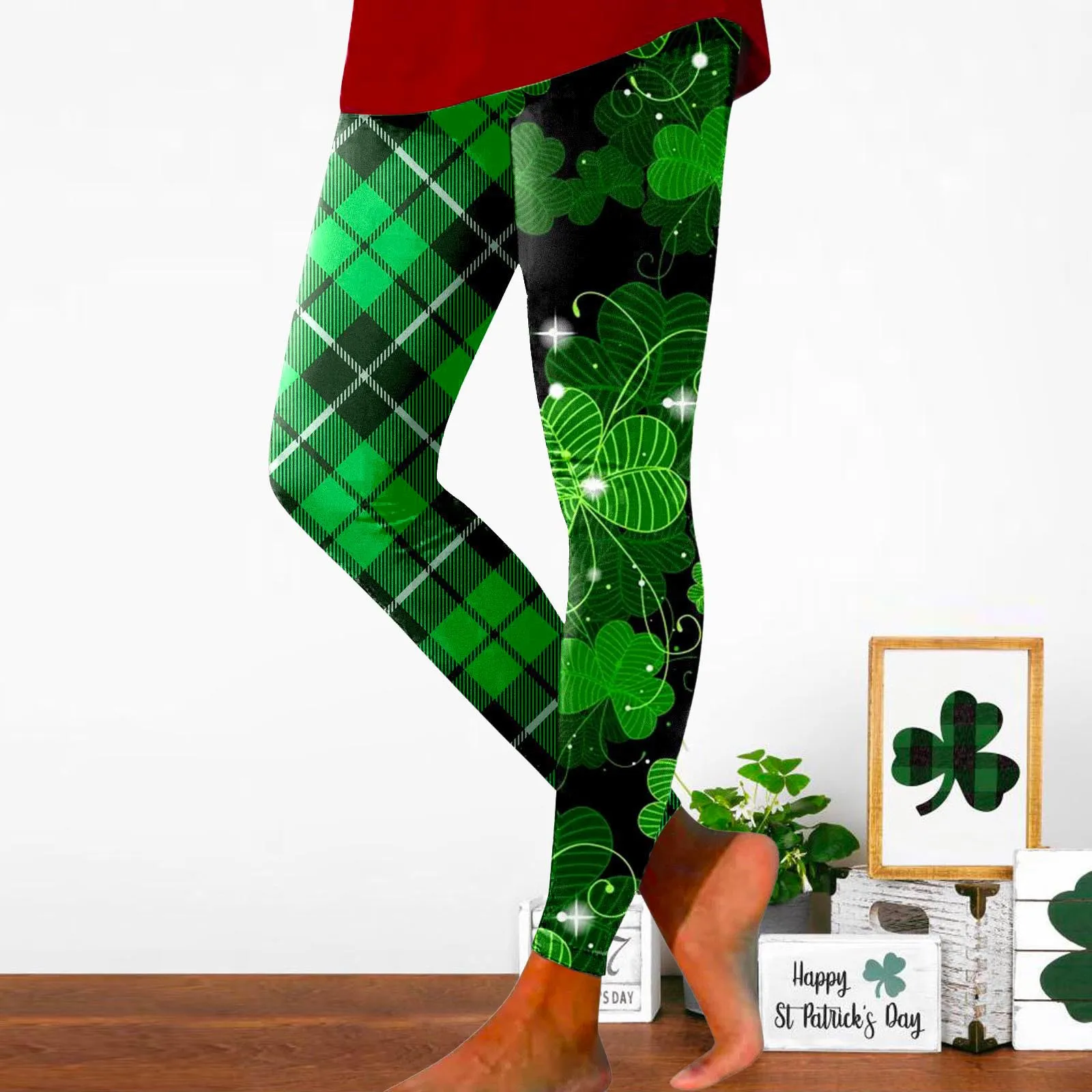 

Women St. Patrick’s Day Print Tights Pantis Plaid Lucky Clovers Patchwork Leggings Green Series Seamless Fitness Yoga Leggings