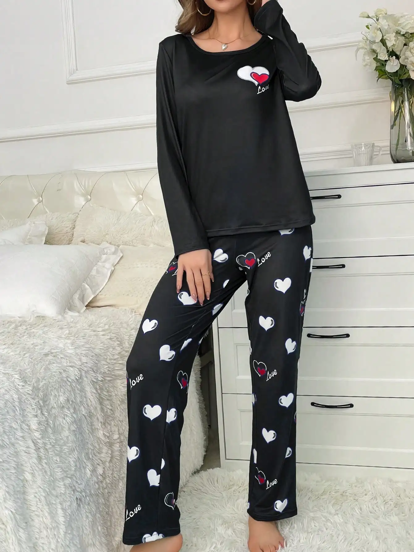 Aututmn Winter Heart Print Pajamas for Women Long Sleeve Long Pants Pajama Milk Silk O-neck Sleepwear Women Home Suit 7 Sb244e51c12514664ac7b3f4ddd14cb03S