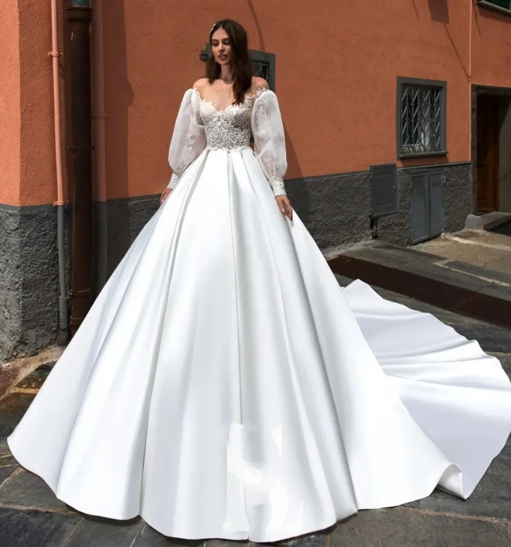 

Charming New Wedding Dress For Women Puffy Long Sleeves Satin A-Line Princess Floor-Length Sexy Bridal Gown Wedding Party Dress