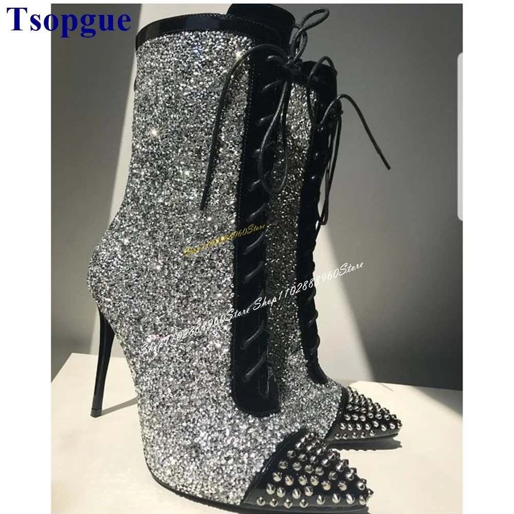 

Cross Tied Black Glitter Sparkling Rivet Ankle Boots Thin High Heel Women Shoes Back Zipper Pointed Toe 2024 Zapatos Para Mujere