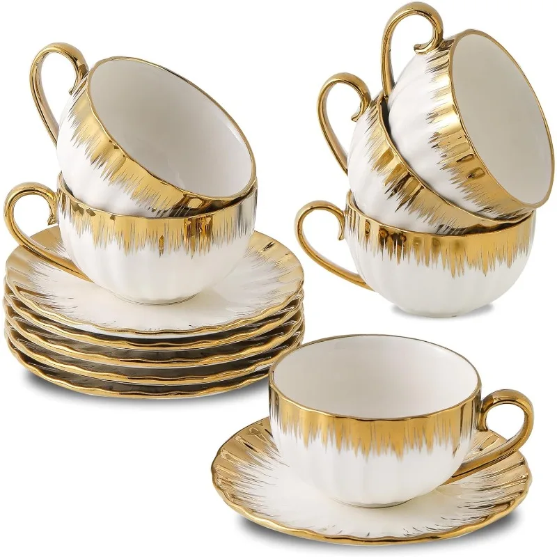 

Чашки для капучино с блюдцами, керамическая кофейная чашка с золотой отделкой, 6 унций для двойного эспрессо, латте, кафе мокко, чая, набор из 6