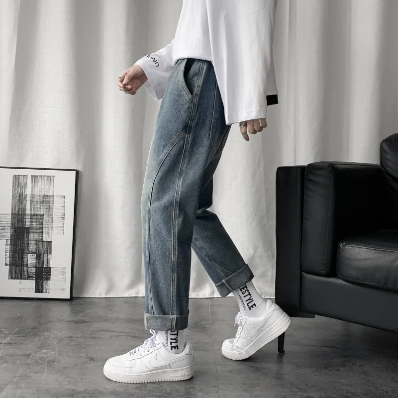 

New Men's Denim Wide-leg Pants Korean Style Straight Loose Denim Street Hip-hop Daily Casual Student Trousers Black Blue L59