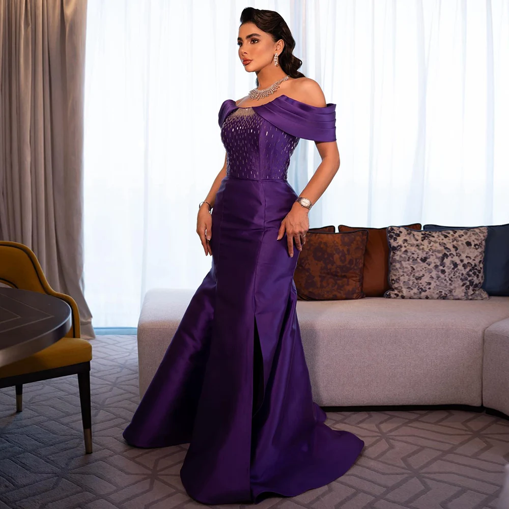 

Elegant Prom Dress robes de soiree Off The Shoulder V Neck Beading Purple Mermaid Evening Dresses Satin Party Gown Custom