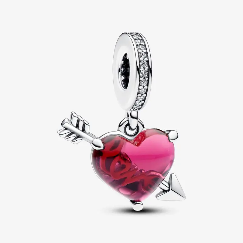 

2024 Authentic 925 Sterling Silver Red Heart & Arrow Murano Glass Dangle Charm beads Fits Pandora bracelets Jewelry Making