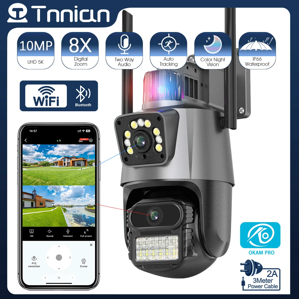 

Tnnian 5K 10MP PTZ-камера с двойным объективом, Wi-Fi, двойные экраны, ИИ-датчик присутствия, наружная 4K IP-камера видеонаблюдения, стандартная полицейская сигнализация