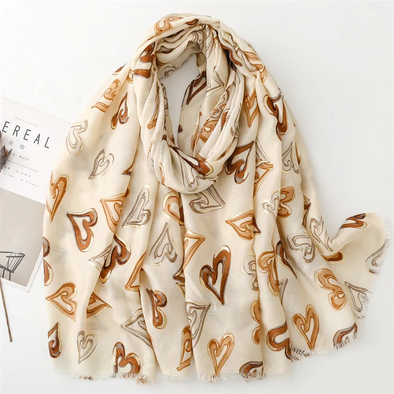 

2023 New Cotton Love Print Fringe Gold Foil Scarf Shawls Long Women Heart Pattern Scarves Hijab Wrap 6 Color Free Shipping