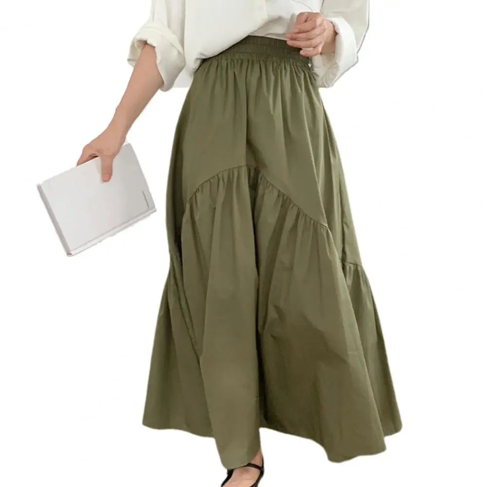 

Soft Breathable Skirt Elegant Women's Solid Color Maxi Skirt with Elastic Waistband A-line Fit Retro Wavy Pleats for Casual