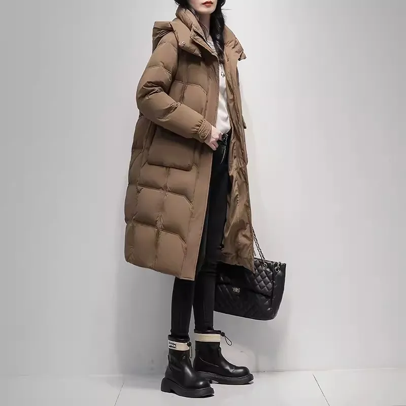 

Female Down Jacket Parka 2024 Winter New Korean Version Loose 90 White duck Coat Fashion Hooded Long Coat Women Warm Overcoat
