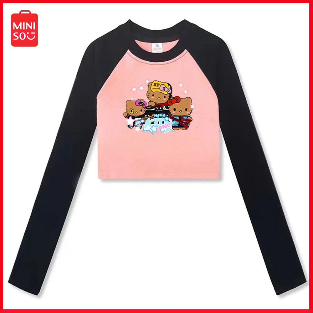 

New Miniso Y2K Sanrio Hellokitty Band Long-Sleeved Short T-Shirt Women Inserted Shoulder Slim Hit Color Bottoming Inside Out Top