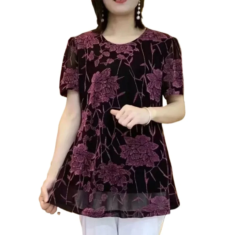 

Floral Bright silk Gauze pullovers Summer Vintage Casual Loose Female clothing Round neck All-match short Sleeve T-shirt
