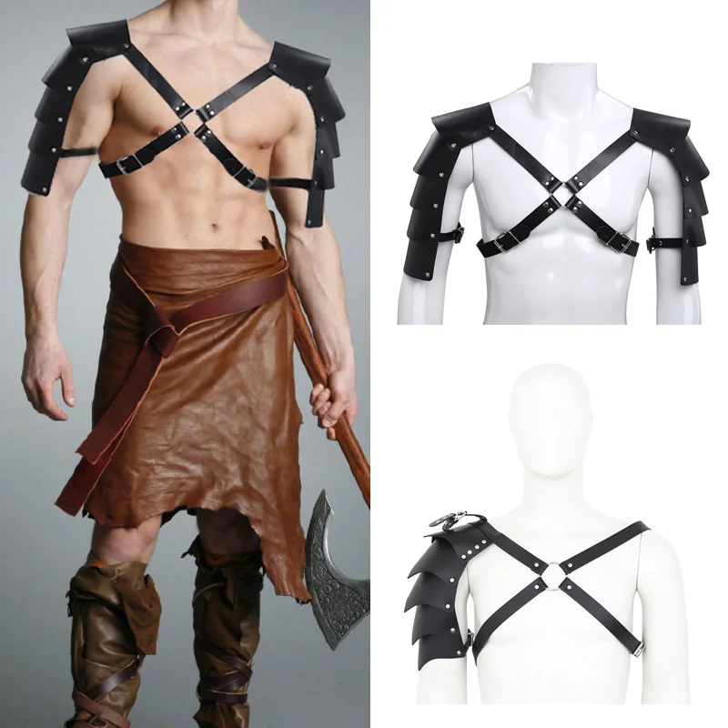 

1Pc Mens Suspender Vintage Gothic Knights Shoulder Straps Adjustable PU Leather Harness Fashion Braces Armor Cosplay Accessory