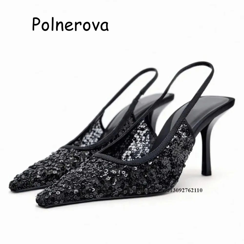 

Женские туфли с черным кружевом и острым носком, на тонком каблуке