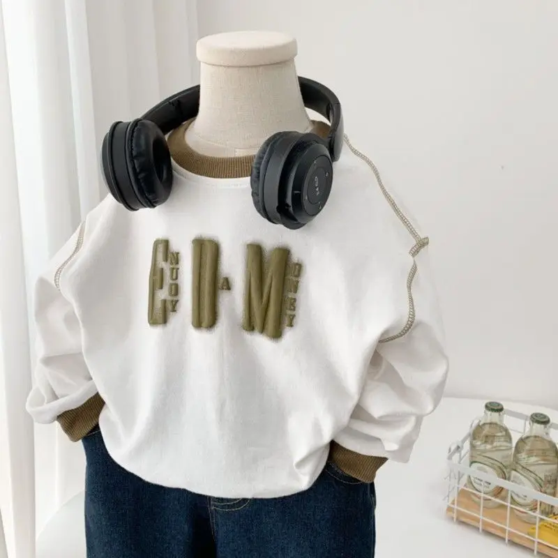 

Baby Boys' Clothes Pullover Long Sleeve Top Letter Print O-Neck Causal 2023 Spring Autumn Patchwork Loose 5-14 Years Old