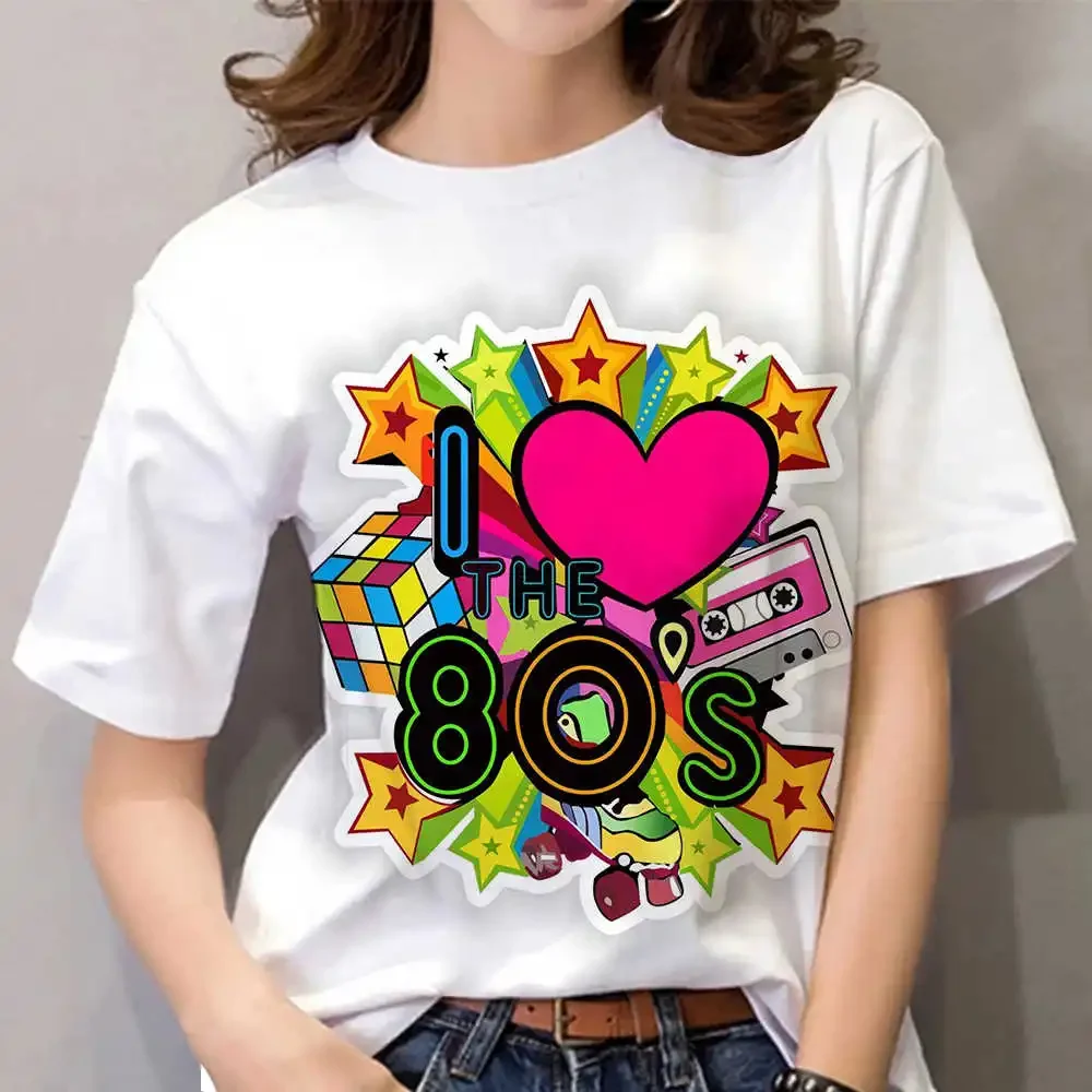

80s Women's T Shirt Femal Black/White Shorts Sleeve Tops 2024 Fashion Casual T-shirts Oversized 90s Harajuku Clothing For Girls