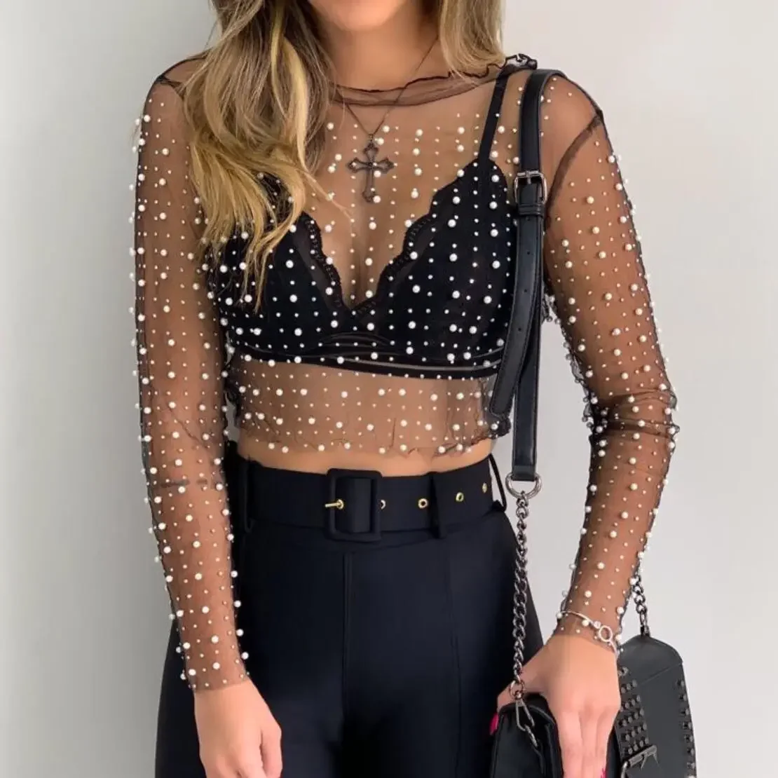 

Solid Color Shimmer Mesh Hollow T-Shirts Long Sleeve O-Neck See Through Holes Rhinestones Sexy Slim Wild Fashion Lace Crop Tops