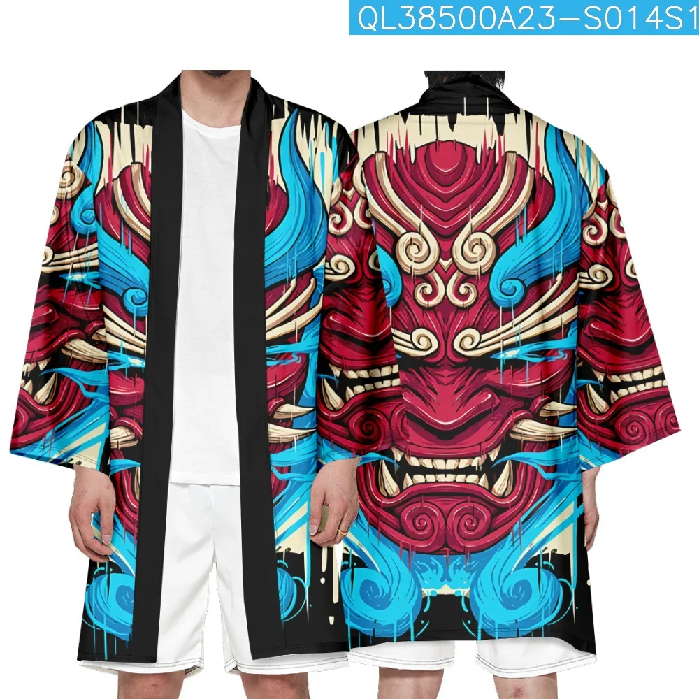 

Yukata Men Women Fashion Demon Print Cardigan Blouse Haori Obi Asian Clothes Harajuku Japanese Cosplay Long Kimono