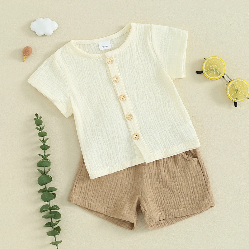 

Kupretty летняя одежда для маленьких мальчиков, наряд для малышей, льняная футболка с коротким рукавом и пуговицами, футболки, шорты, комплект одежды для младенцев