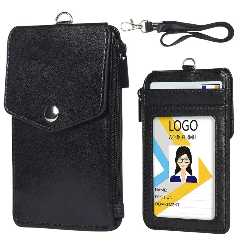 

1pc Zipper Hasp Girl Money Coin ID Card Bus Bags Purse Leather Women Men 5 Slots Work Credit Card Holder Wallet with Neck Strap